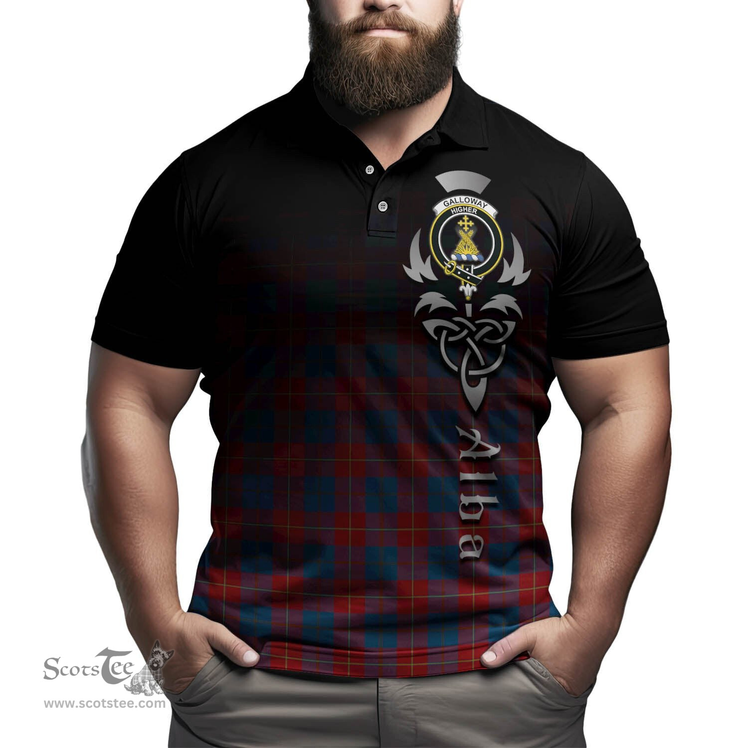 ScotsTee Shop Scottish Galloway Red Clan Crest Tartan Polo Shirt Featuring Alba Gu Brath Scotland Forever and Ever Celtic Cross