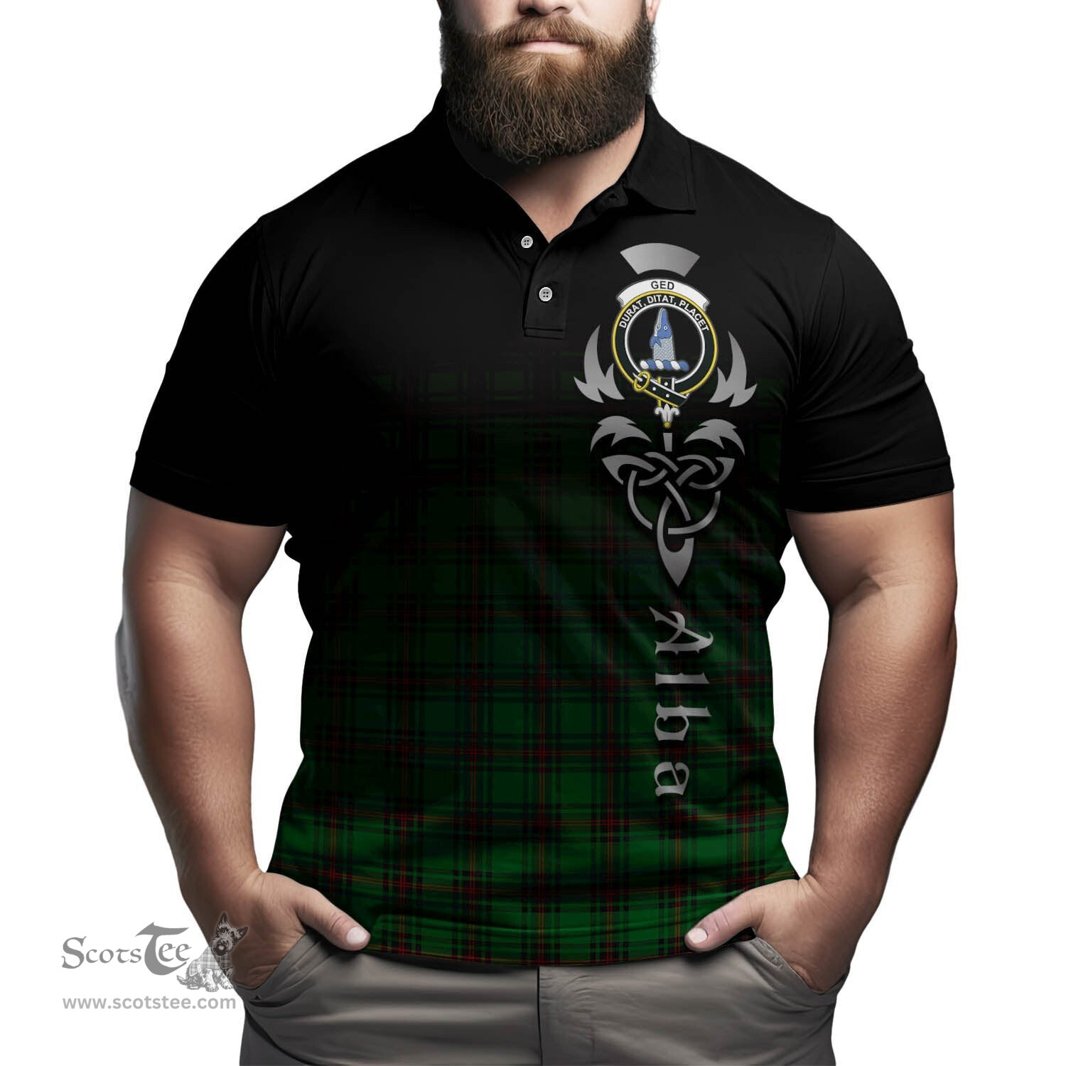 ScotsTee Shop Scottish Ged Clan Crest Tartan Polo Shirt Featuring Alba Gu Brath Scotland Forever and Ever Celtic Cross