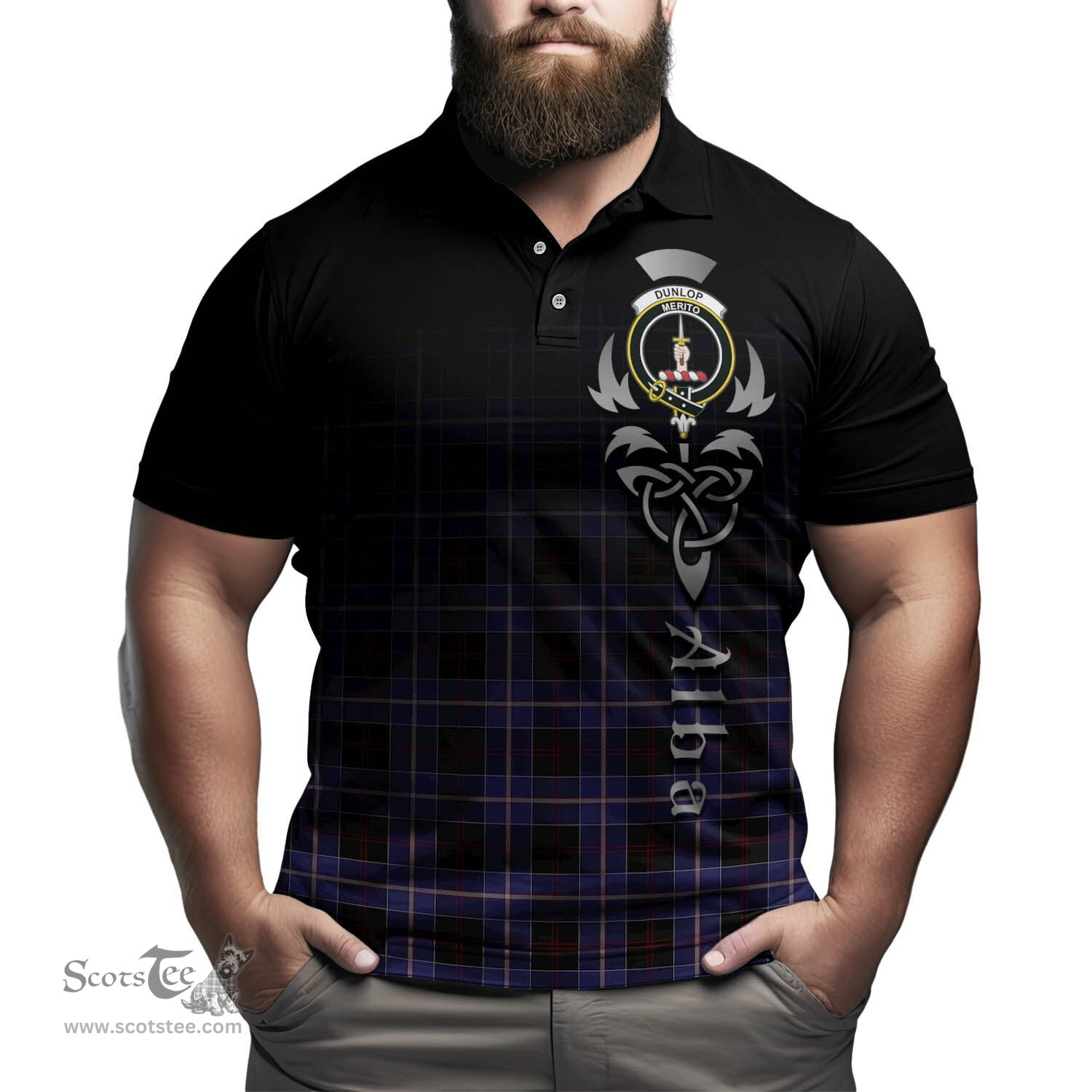ScotsTee Shop Scottish Dunlop Modern Clan Crest Tartan Polo Shirt Featuring Alba Gu Brath Scotland Forever and Ever Celtic Cross