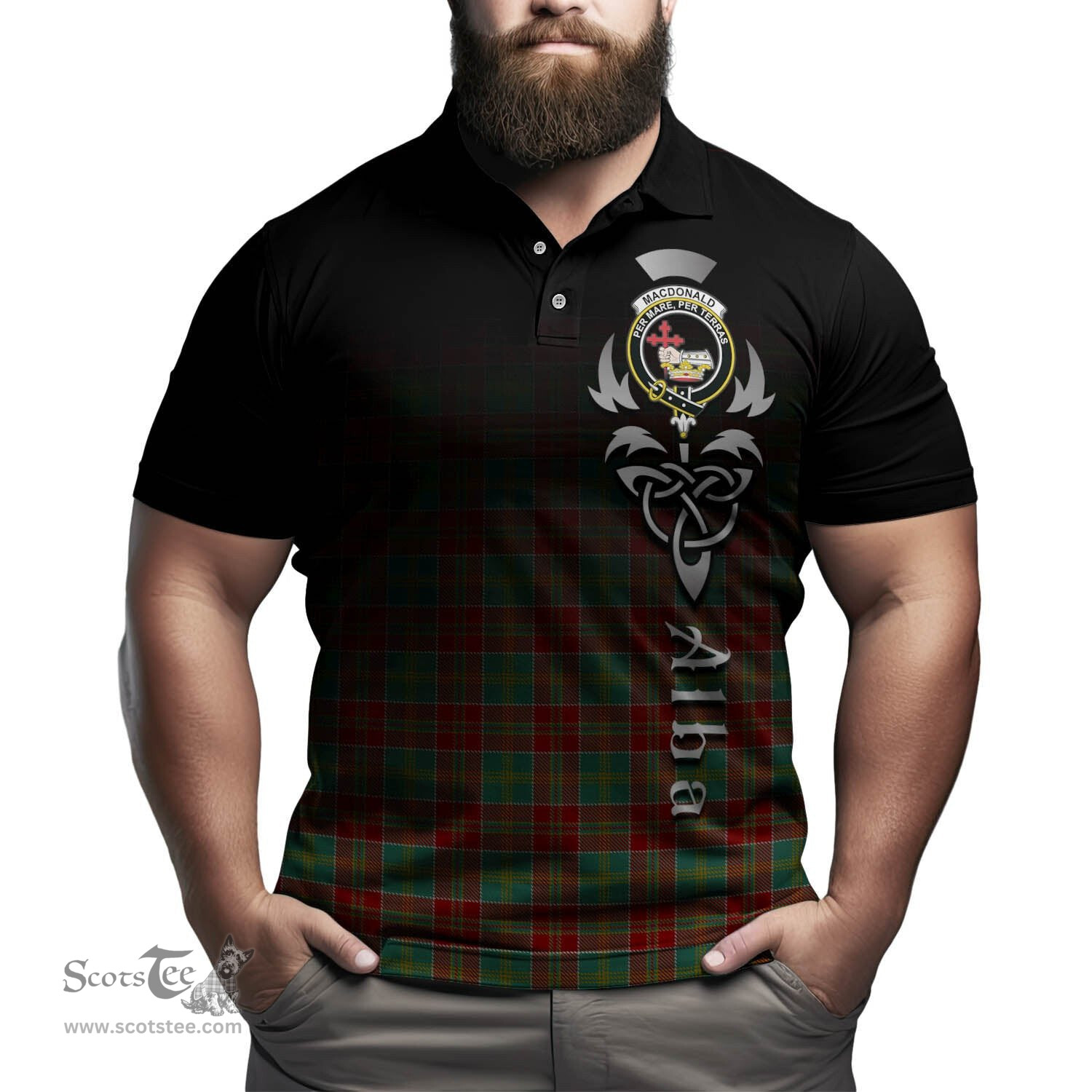 ScotsTee Shop Scottish MacDonald of Kingsburgh Clan Crest Tartan Polo Shirt Featuring Alba Gu Brath Scotland Forever and Ever Celtic Cross