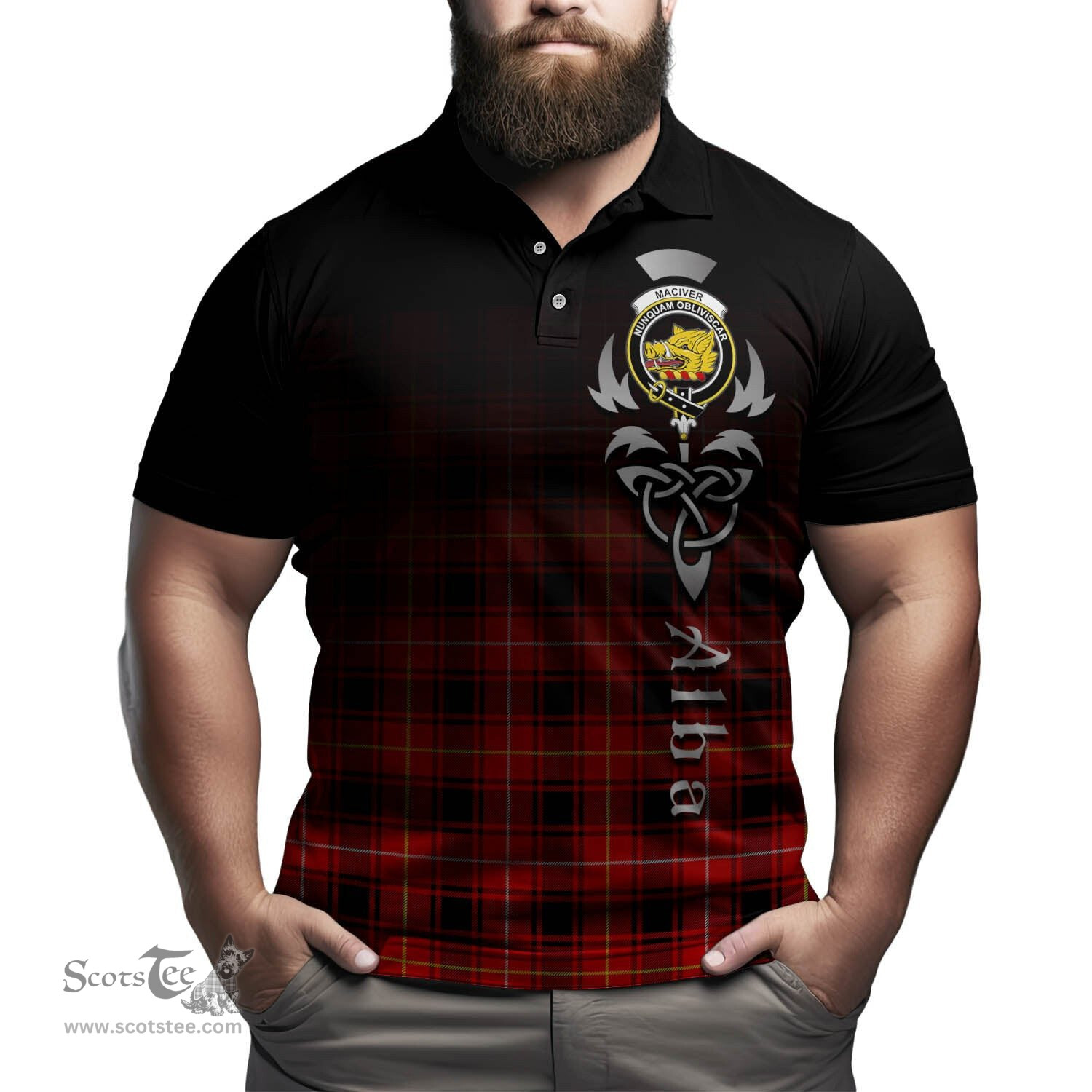 ScotsTee Shop Scottish MacIver Modern Clan Crest Tartan Polo Shirt Featuring Alba Gu Brath Scotland Forever and Ever Celtic Cross