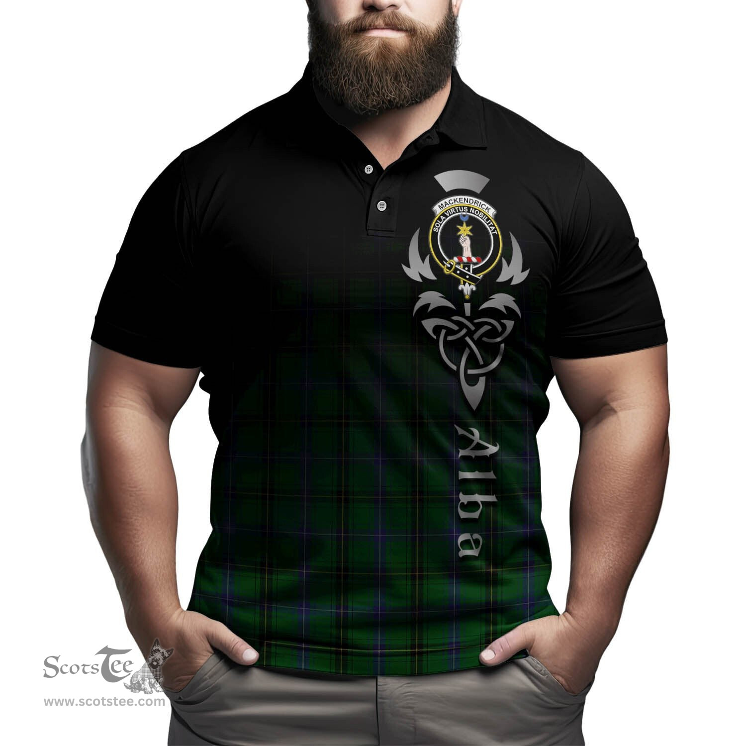 ScotsTee Shop Scottish MacKendrick Clan Crest Tartan Polo Shirt Featuring Alba Gu Brath Scotland Forever and Ever Celtic Cross