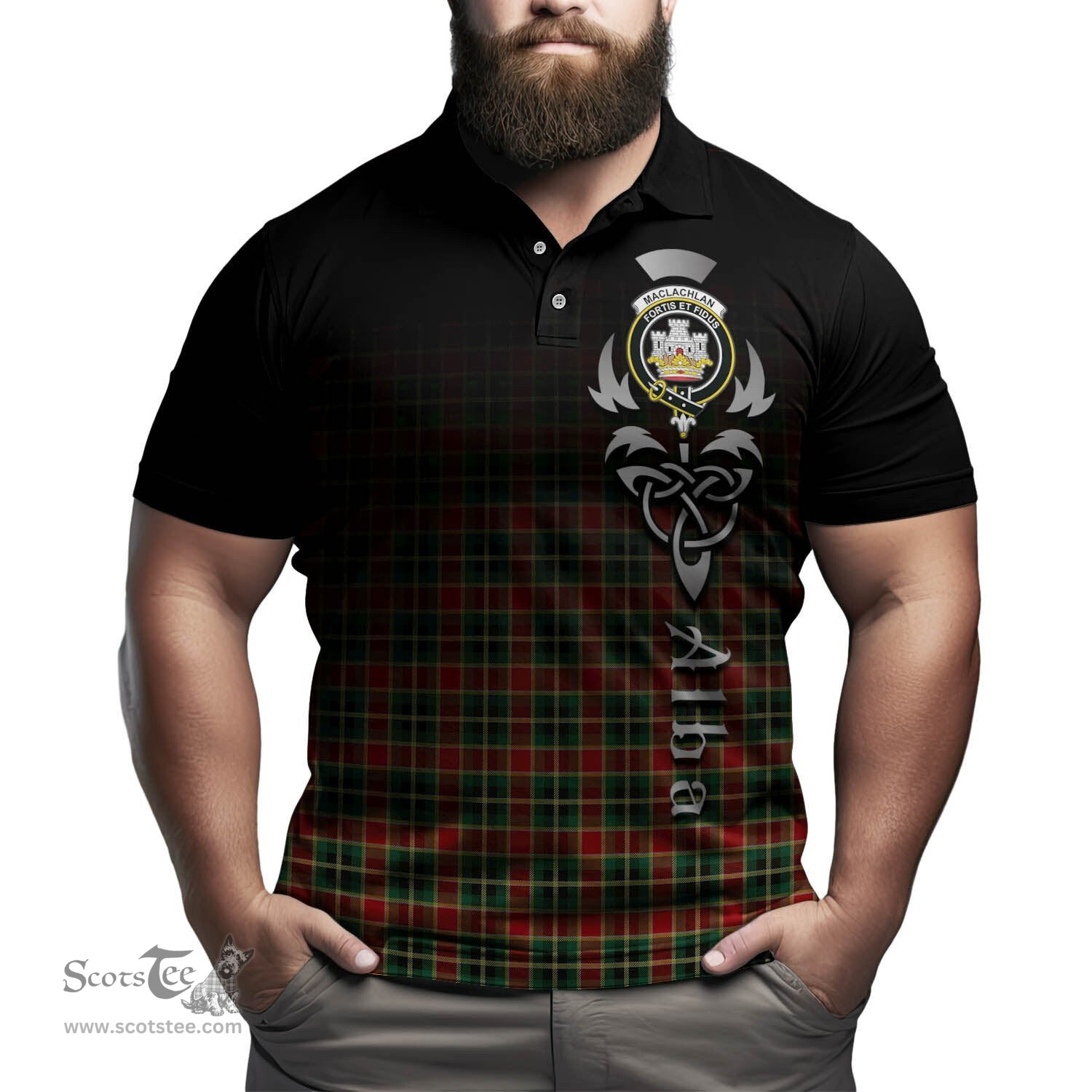 ScotsTee Shop Scottish MacLachlan Hunting Modern Clan Crest Tartan Polo Shirt Featuring Alba Gu Brath Scotland Forever and Ever Celtic Cross