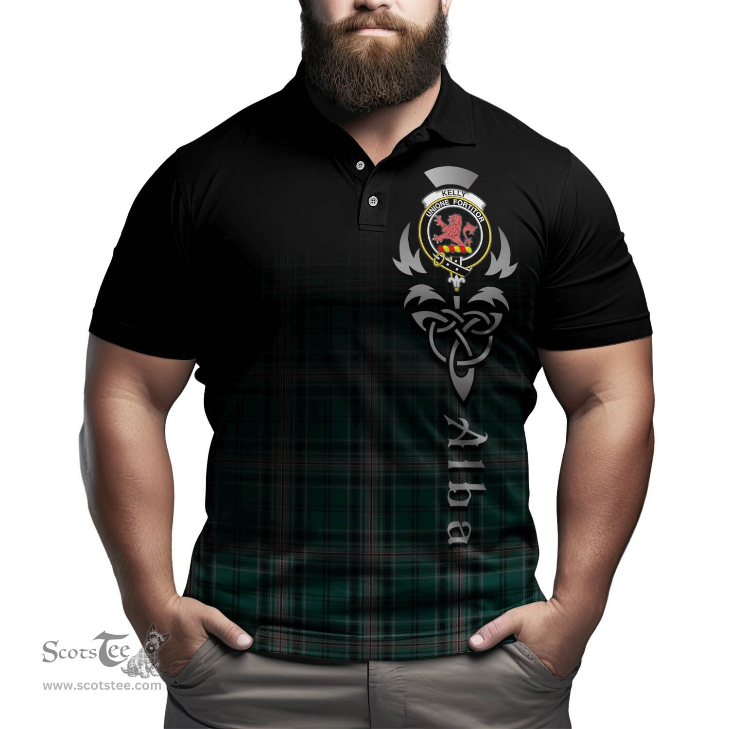 ScotsTee Shop Scottish Kelly of Sleat Hunting Clan Crest Tartan Polo Shirt Featuring Alba Gu Brath Scotland Forever and Ever Celtic Cross
