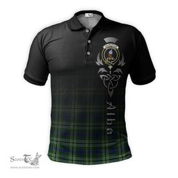 ScotsTee Shop Scottish Haliburton Clan Crest Tartan Polo Shirt Featuring Alba Gu Brath Scotland Forever and Ever Celtic Cross