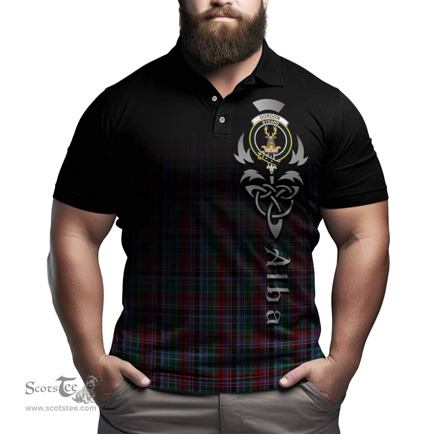 ScotsTee Shop Scottish Gordon Red Clan Crest Tartan Polo Shirt Featuring Alba Gu Brath Scotland Forever and Ever Celtic Cross