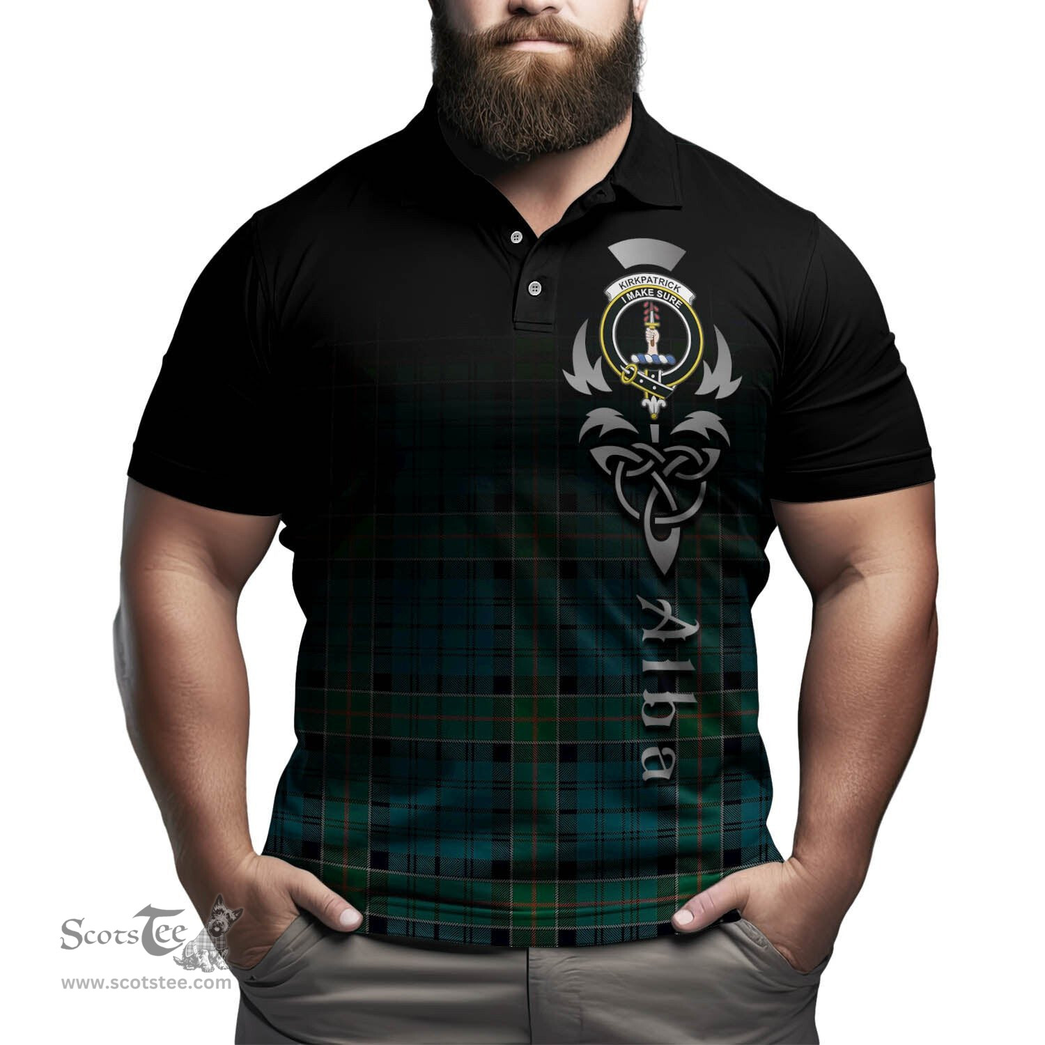 ScotsTee Shop Scottish Kirkpatrick Clan Crest Tartan Polo Shirt Featuring Alba Gu Brath Scotland Forever and Ever Celtic Cross