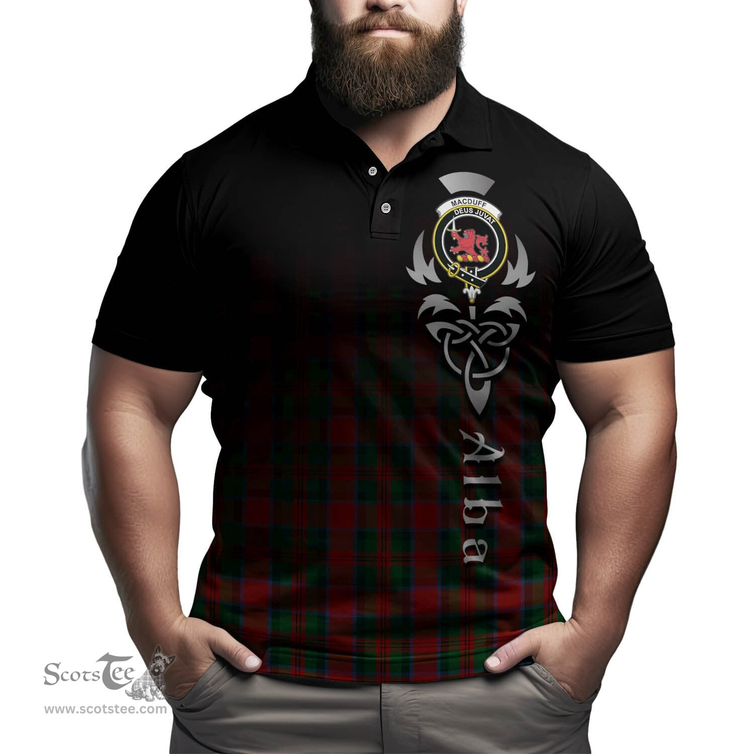 ScotsTee Shop Scottish MacDuff Clan Crest Tartan Polo Shirt Featuring Alba Gu Brath Scotland Forever and Ever Celtic Cross