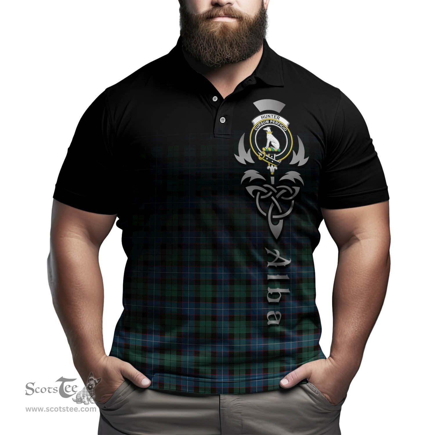 ScotsTee Shop Scottish Hunter Ancient Clan Crest Tartan Polo Shirt Featuring Alba Gu Brath Scotland Forever and Ever Celtic Cross