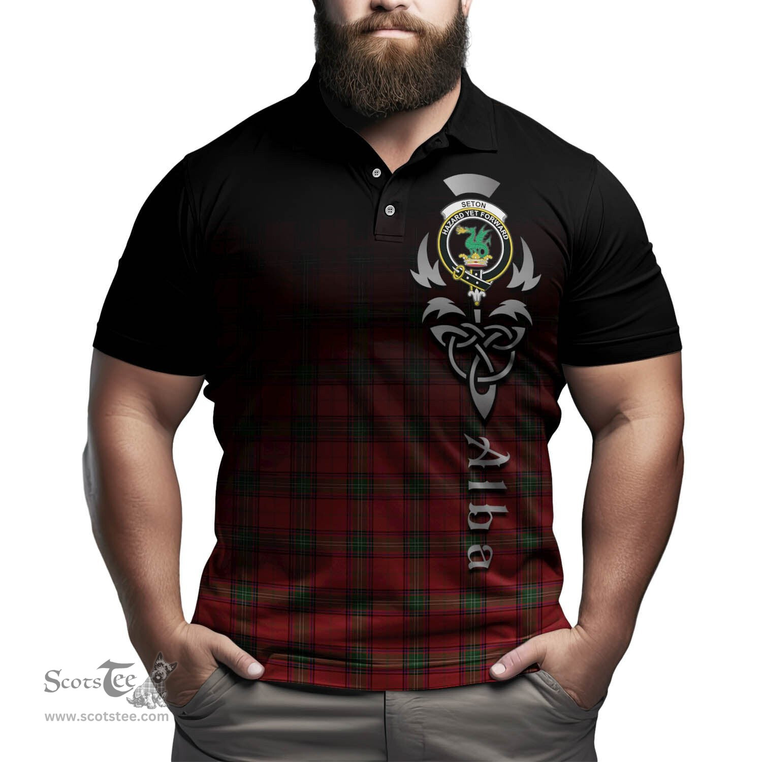ScotsTee Shop Scottish Seton Modern Clan Crest Tartan Polo Shirt Featuring Alba Gu Brath Scotland Forever and Ever Celtic Cross