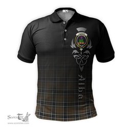 ScotsTee Shop Scottish Thomson Camel Clan Crest Tartan Polo Shirt Featuring Alba Gu Brath Scotland Forever and Ever Celtic Cross