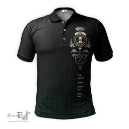 ScotsTee Shop Scottish Menzies Green Clan Crest Tartan Polo Shirt Featuring Alba Gu Brath Scotland Forever and Ever Celtic Cross
