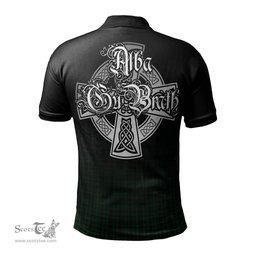 ScotsTee Shop Scottish Menzies Green Clan Crest Tartan Polo Shirt Featuring Alba Gu Brath Scotland Forever and Ever Celtic Cross