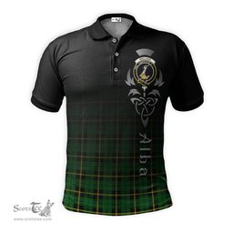 ScotsTee Shop Scottish Wallace Hunting Green Clan Crest Tartan Polo Shirt Featuring Alba Gu Brath Scotland Forever and Ever Celtic Cross