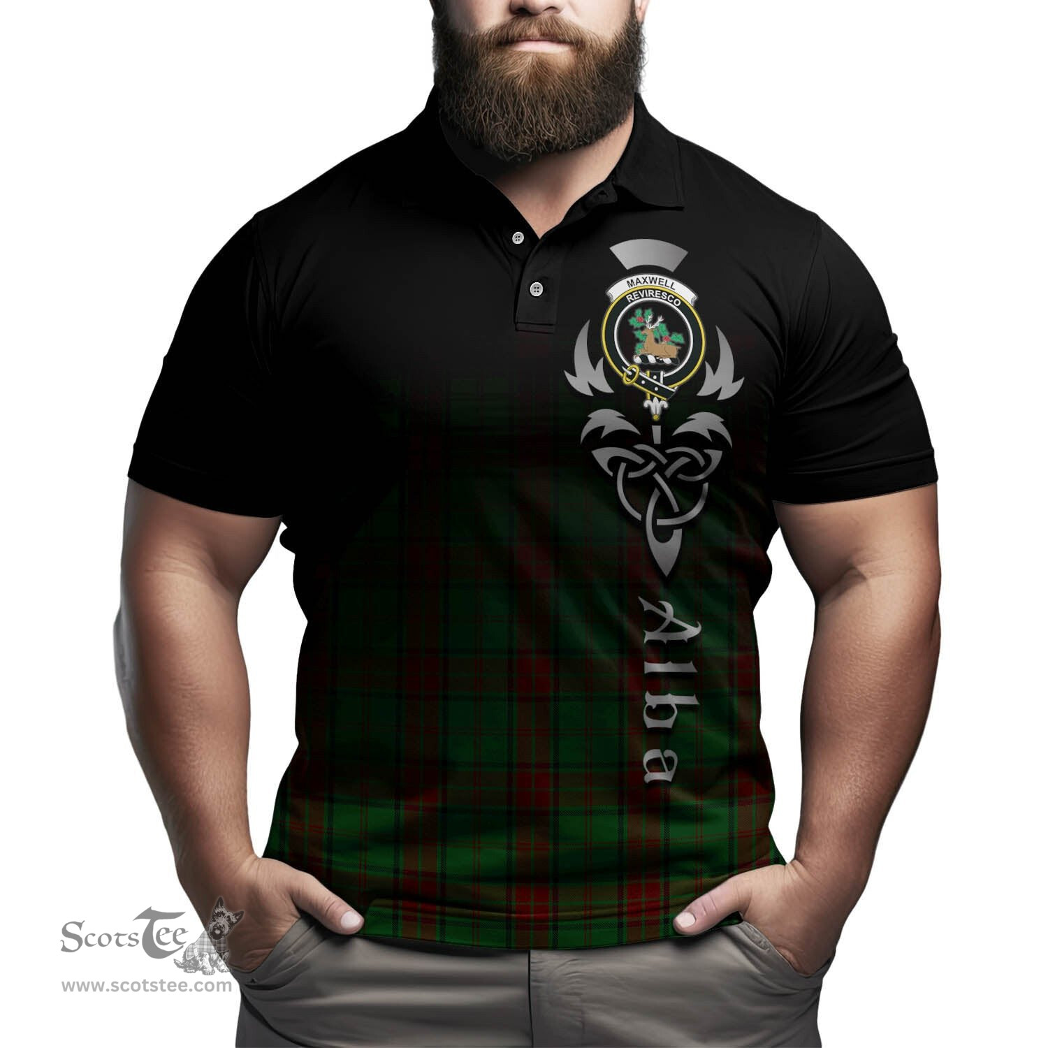 ScotsTee Shop Scottish Maxwell Hunting Clan Crest Tartan Polo Shirt Featuring Alba Gu Brath Scotland Forever and Ever Celtic Cross