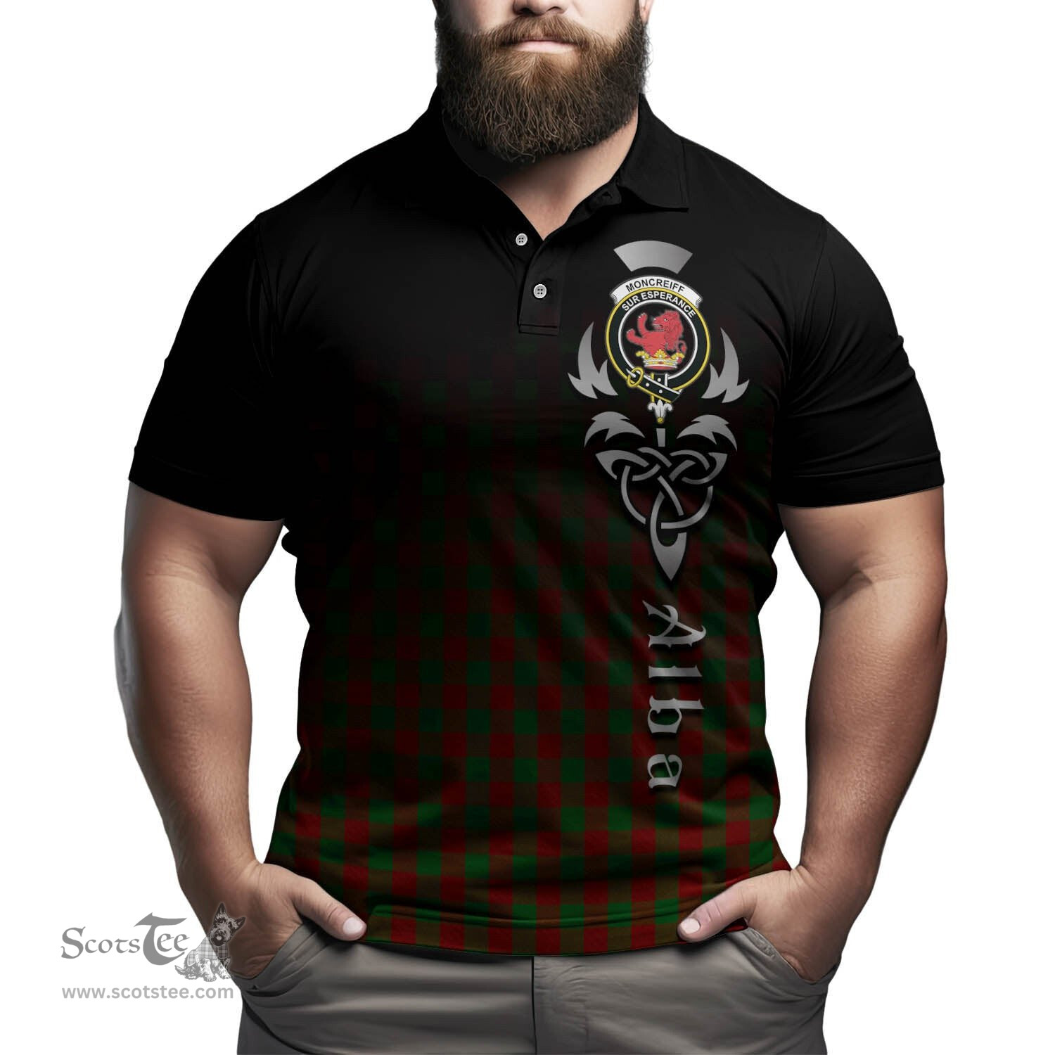 ScotsTee Shop Scottish Moncrieff Clan Crest Tartan Polo Shirt Featuring Alba Gu Brath Scotland Forever and Ever Celtic Cross
