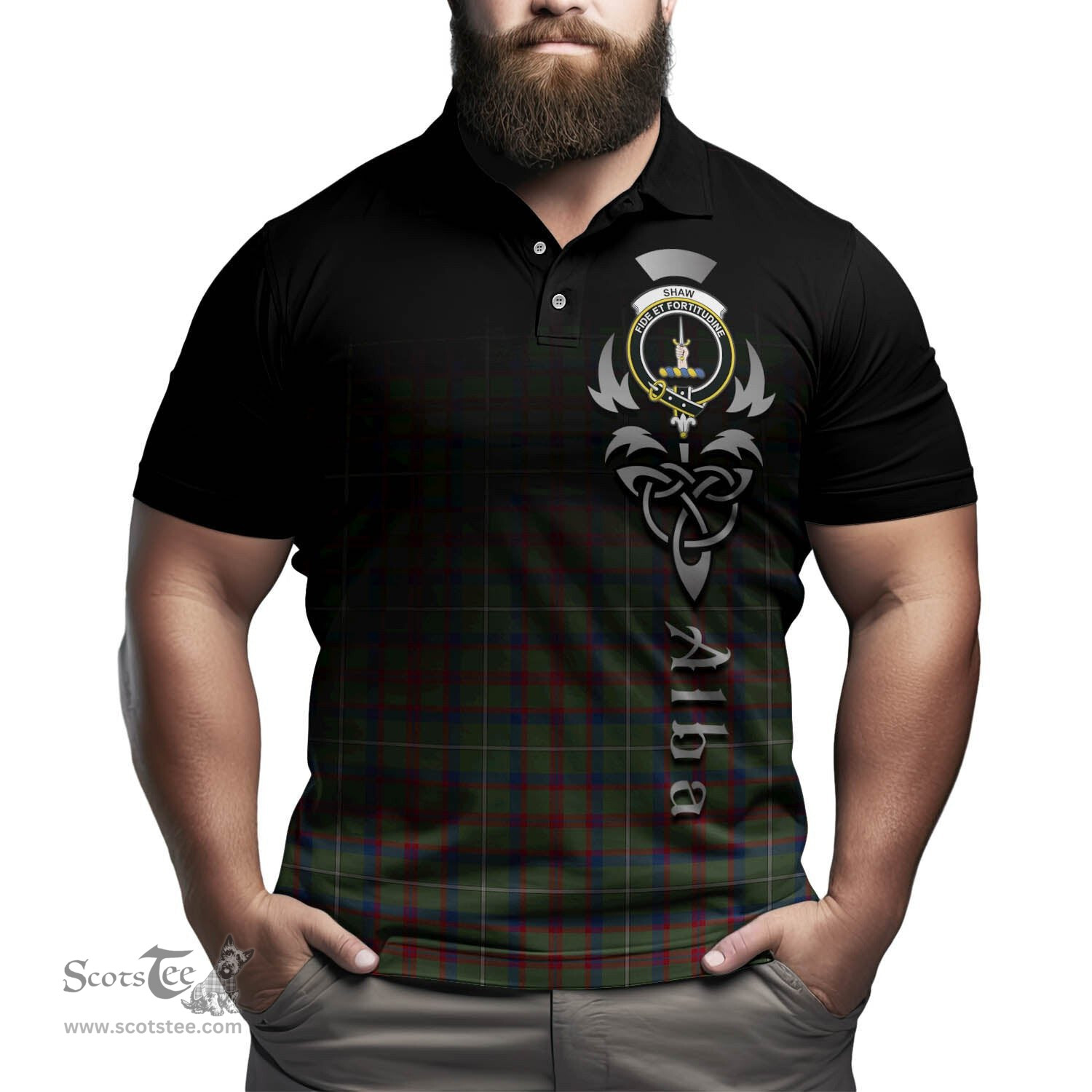ScotsTee Shop Scottish Shaw Green Modern Clan Crest Tartan Polo Shirt Featuring Alba Gu Brath Scotland Forever and Ever Celtic Cross
