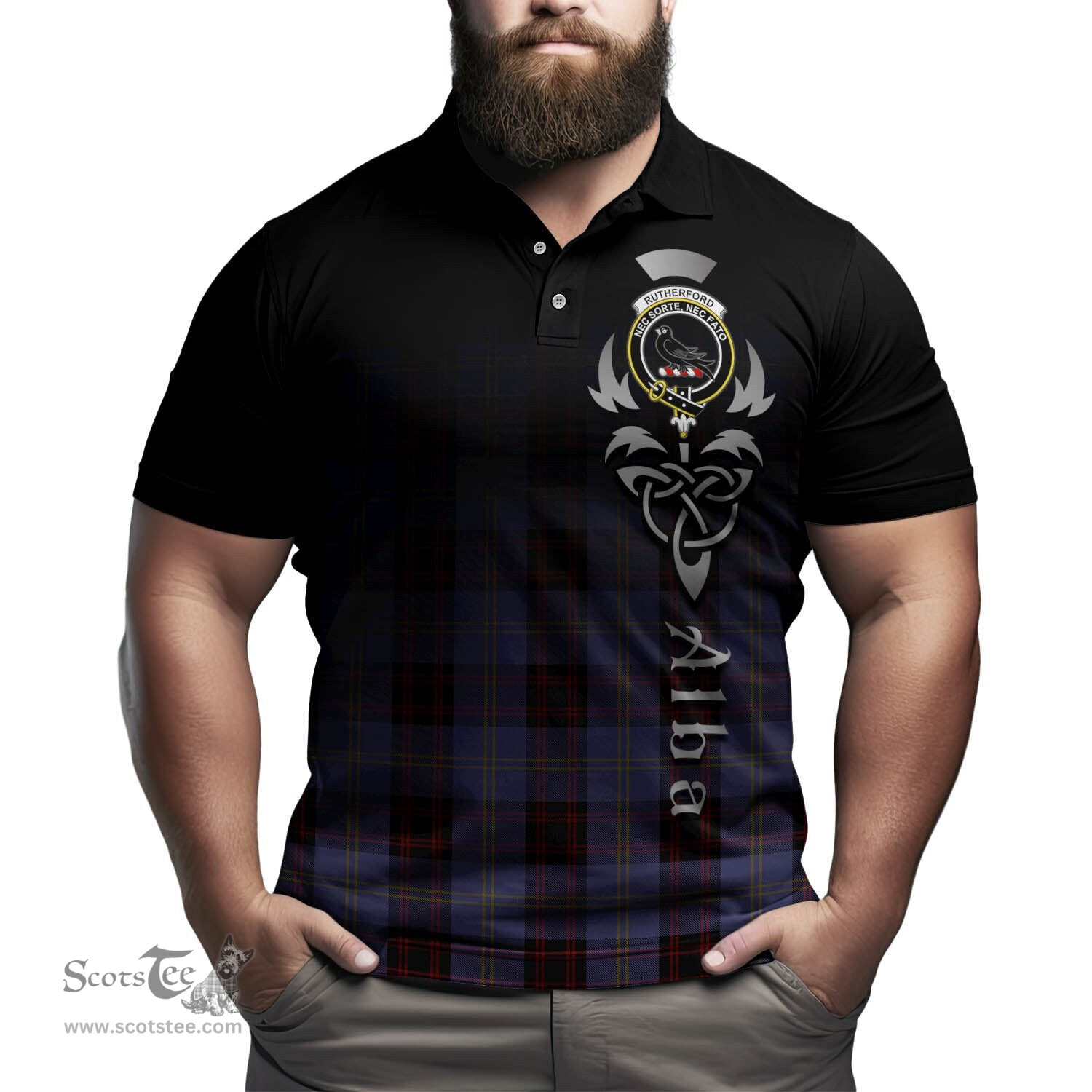 ScotsTee Shop Scottish Rutherford Clan Crest Tartan Polo Shirt Featuring Alba Gu Brath Scotland Forever and Ever Celtic Cross