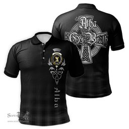 ScotsTee Shop Scottish Stewart Mourning Clan Crest Tartan Polo Shirt Featuring Alba Gu Brath Scotland Forever and Ever Celtic Cross