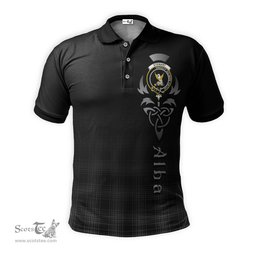 ScotsTee Shop Scottish Stewart Mourning Clan Crest Tartan Polo Shirt Featuring Alba Gu Brath Scotland Forever and Ever Celtic Cross