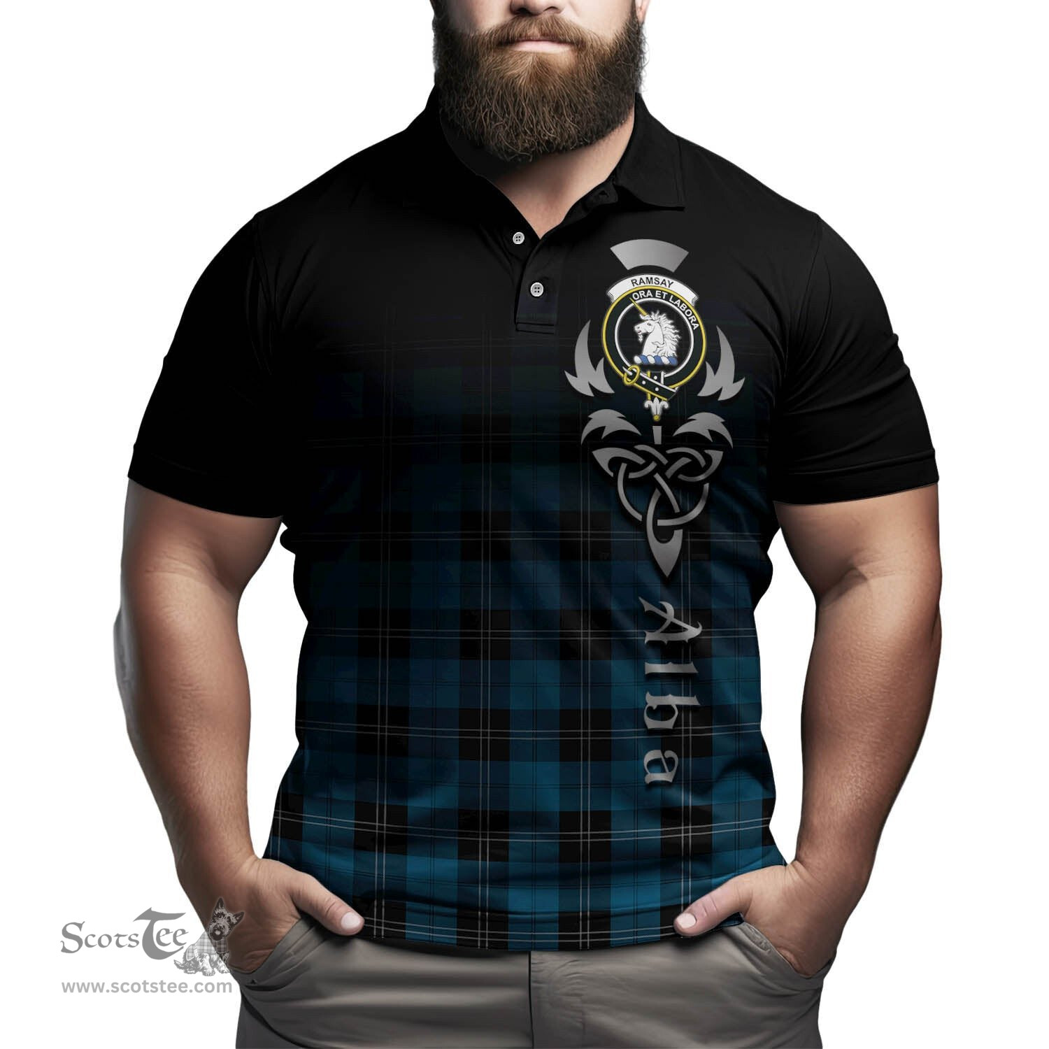 ScotsTee Shop Scottish Ramsay Blue Ancient Clan Crest Tartan Polo Shirt Featuring Alba Gu Brath Scotland Forever and Ever Celtic Cross
