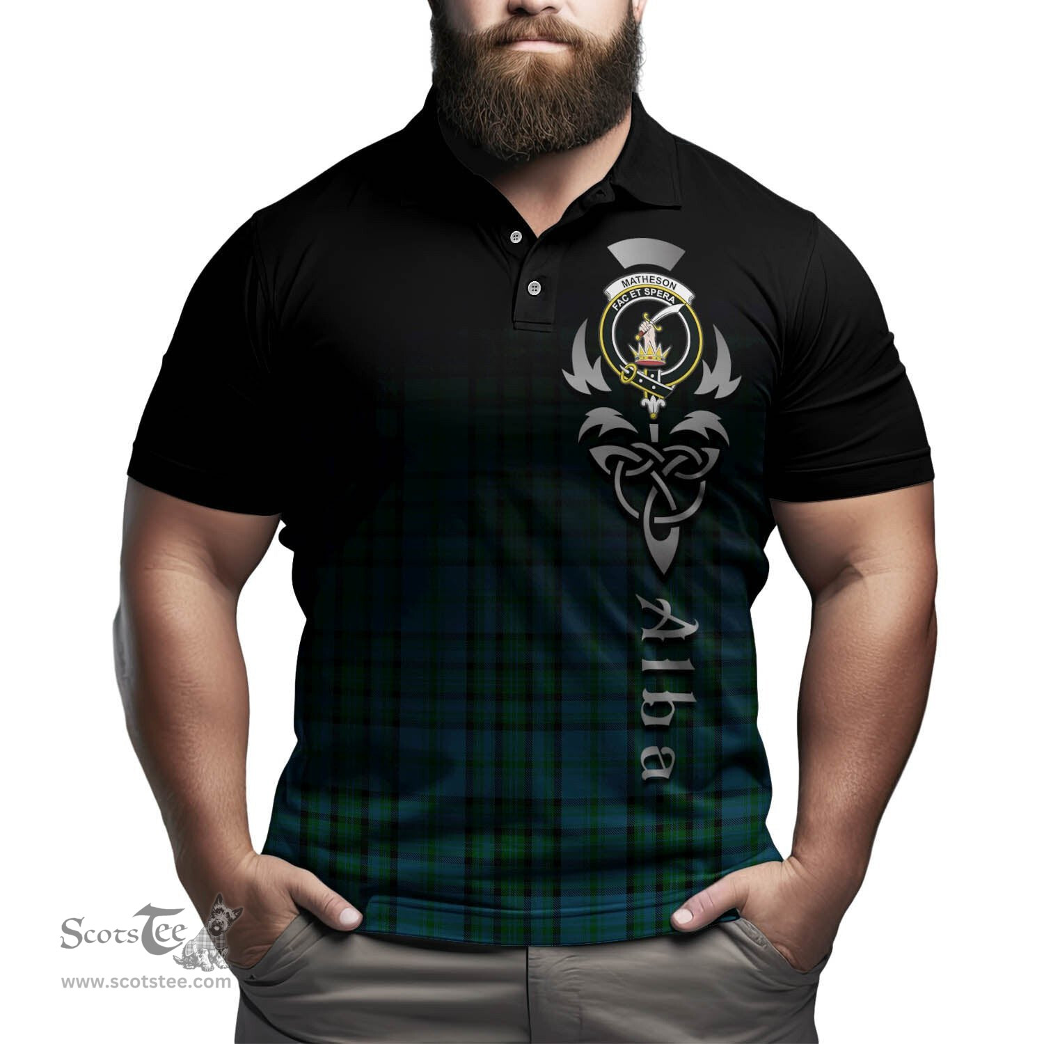 ScotsTee Shop Scottish Matheson Hunting Clan Crest Tartan Polo Shirt Featuring Alba Gu Brath Scotland Forever and Ever Celtic Cross