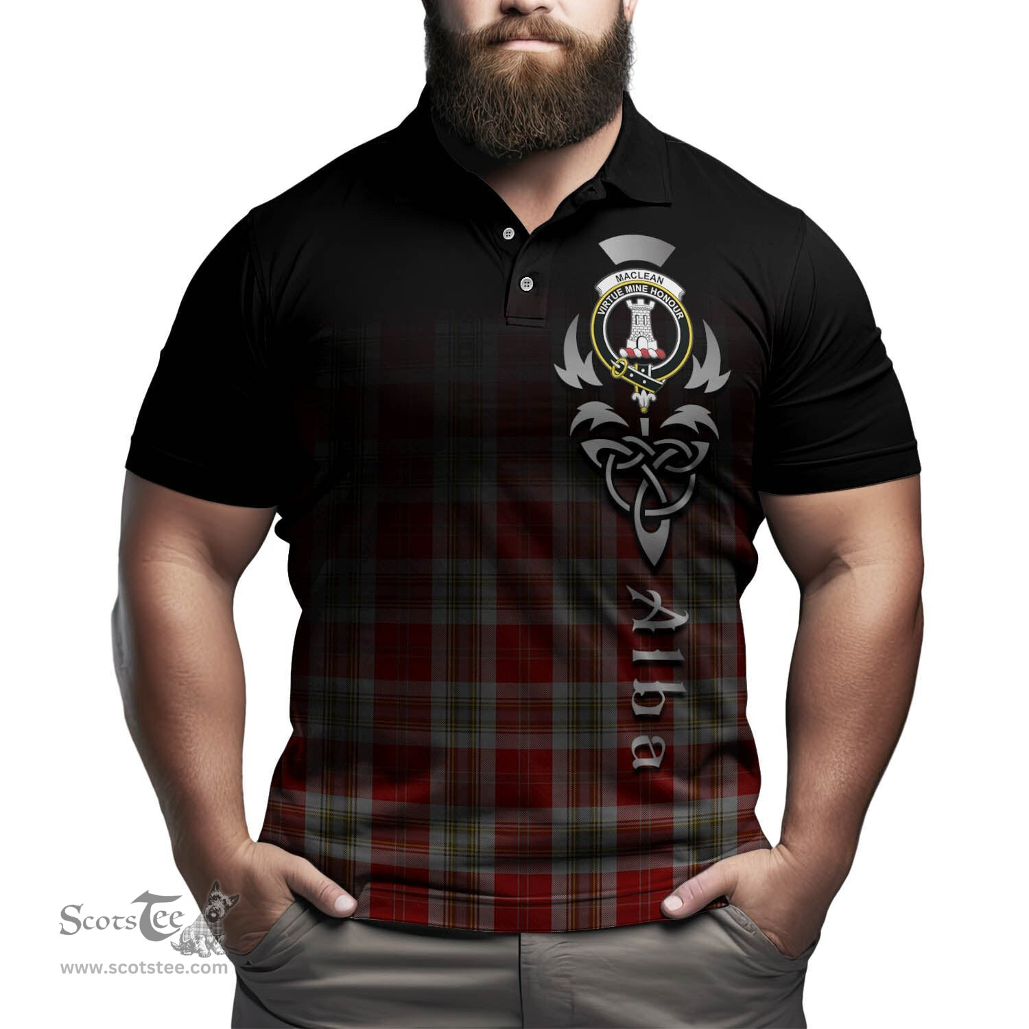 ScotsTee Shop Scottish MacLean of Duart Dress Red Clan Crest Tartan Polo Shirt Featuring Alba Gu Brath Scotland Forever and Ever Celtic Cross