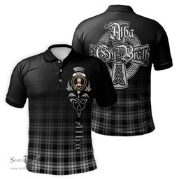 ScotsTee Shop Scottish Menzies Black and White Clan Crest Tartan Polo Shirt Featuring Alba Gu Brath Scotland Forever and Ever Celtic Cross