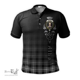 ScotsTee Shop Scottish Menzies Black and White Clan Crest Tartan Polo Shirt Featuring Alba Gu Brath Scotland Forever and Ever Celtic Cross