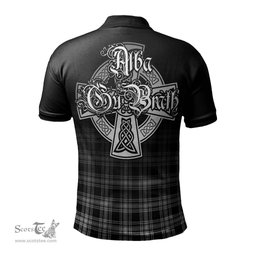ScotsTee Shop Scottish Menzies Black and White Clan Crest Tartan Polo Shirt Featuring Alba Gu Brath Scotland Forever and Ever Celtic Cross