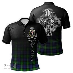 ScotsTee Shop Scottish Meldrum Clan Crest Tartan Polo Shirt Featuring Alba Gu Brath Scotland Forever and Ever Celtic Cross