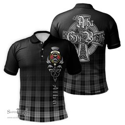 ScotsTee Shop Scottish MacLeod Black and White Clan Crest Tartan Polo Shirt Featuring Alba Gu Brath Scotland Forever and Ever Celtic Cross