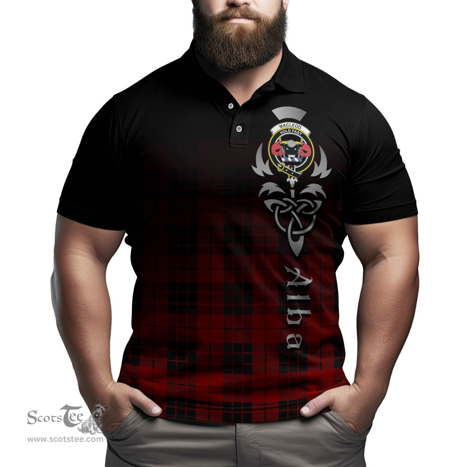 ScotsTee Shop Scottish MacLeod of Raasay Clan Crest Tartan Polo Shirt Featuring Alba Gu Brath Scotland Forever and Ever Celtic Cross