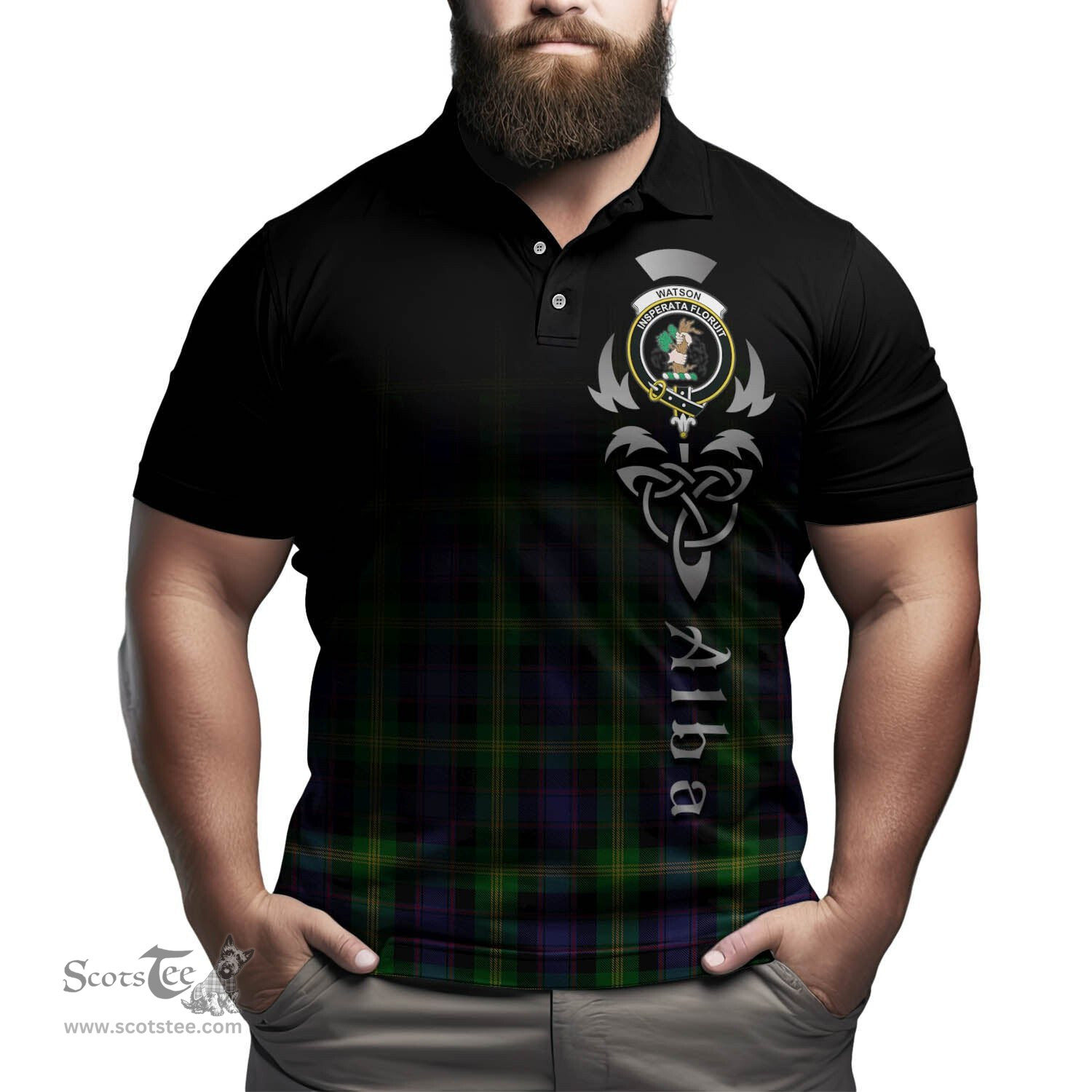 ScotsTee Shop Scottish Watson Clan Crest Tartan Polo Shirt Featuring Alba Gu Brath Scotland Forever and Ever Celtic Cross