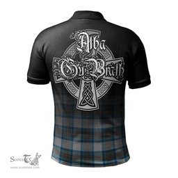 ScotsTee Shop Scottish Stewart Muted Blue Clan Crest Tartan Polo Shirt Featuring Alba Gu Brath Scotland Forever and Ever Celtic Cross