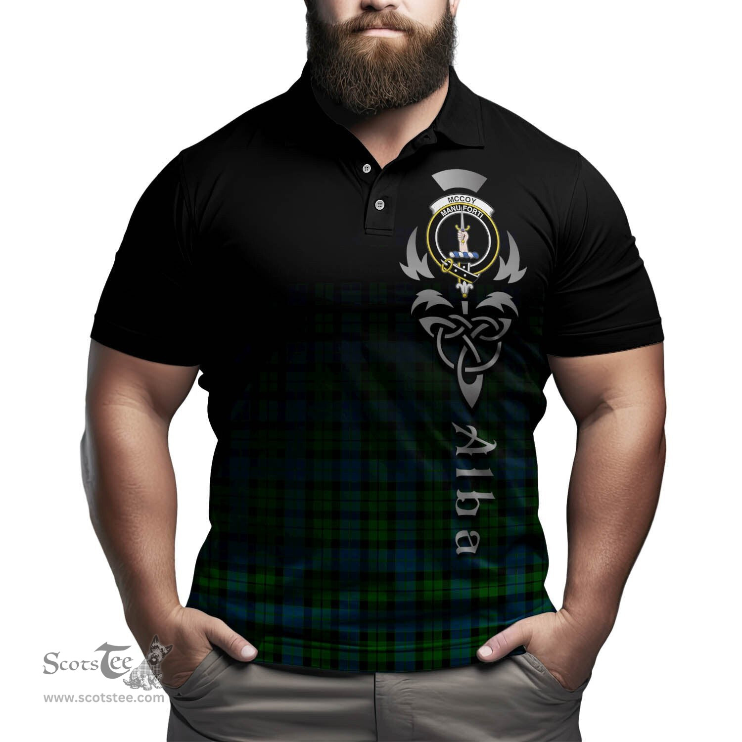 ScotsTee Shop Scottish McCoy Clan Crest Tartan Polo Shirt Featuring Alba Gu Brath Scotland Forever and Ever Celtic Cross