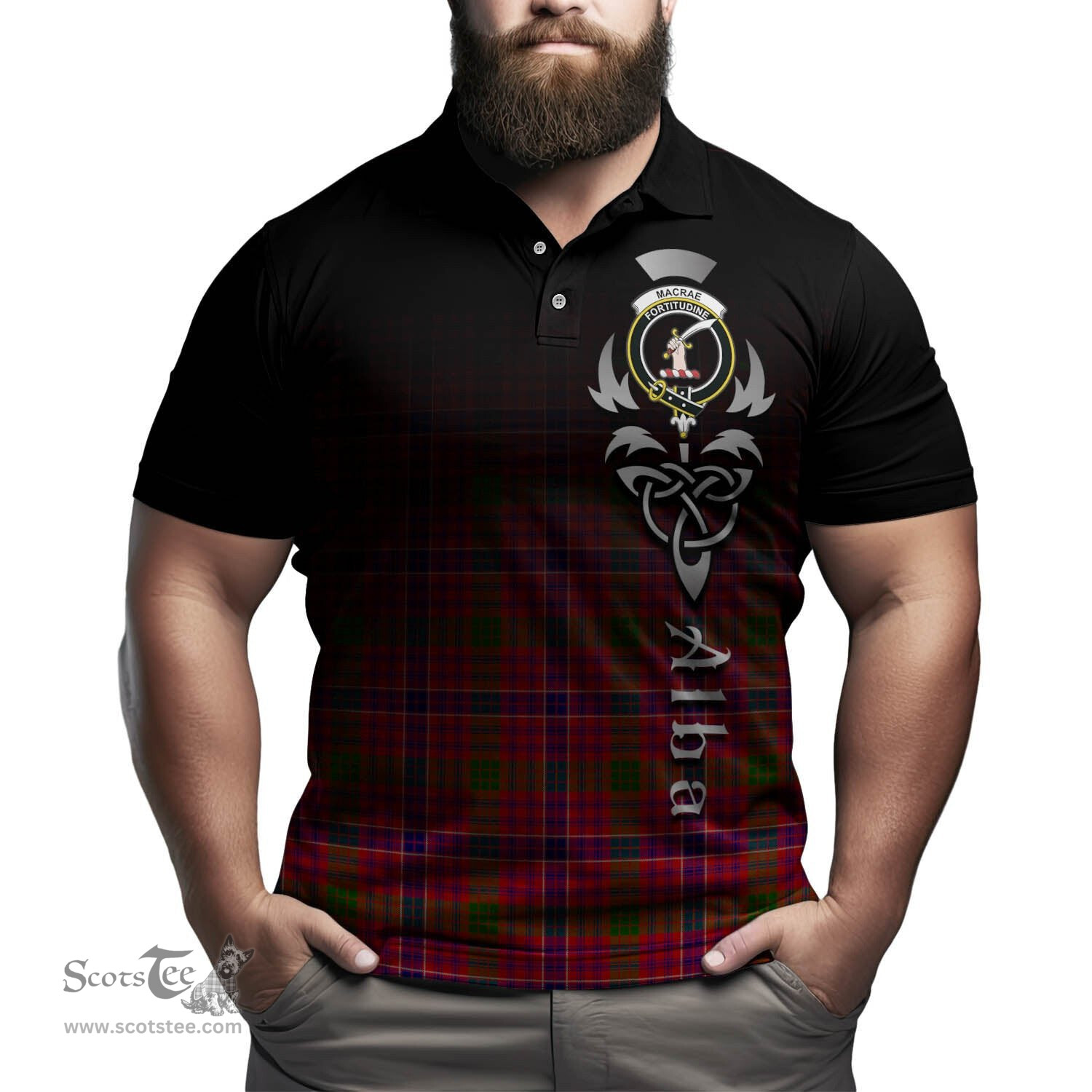 ScotsTee Shop Scottish MacRae Modern Clan Crest Tartan Polo Shirt Featuring Alba Gu Brath Scotland Forever and Ever Celtic Cross