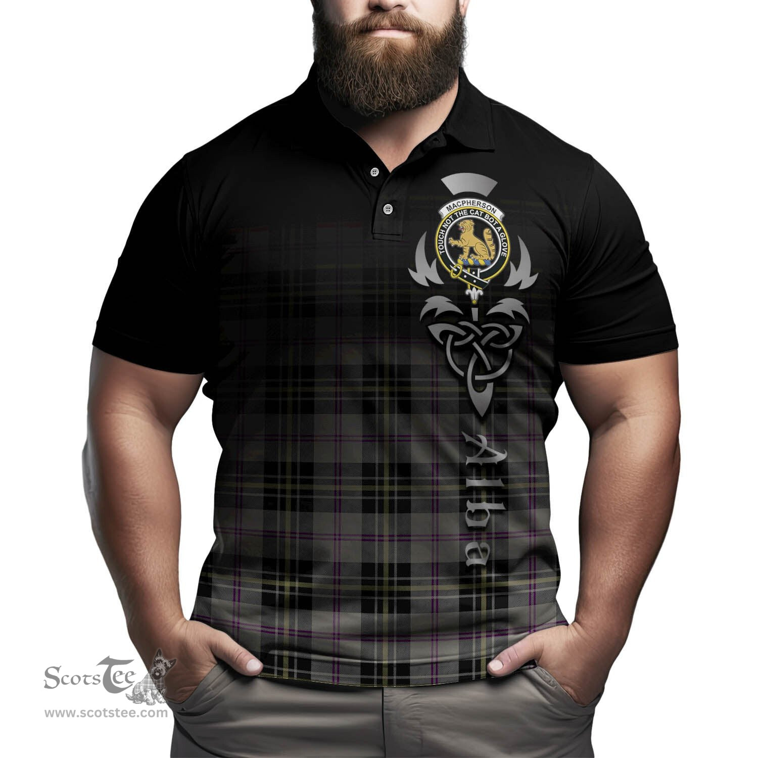 ScotsTee Shop Scottish MacPherson Dress Ancient Clan Crest Tartan Polo Shirt Featuring Alba Gu Brath Scotland Forever and Ever Celtic Cross