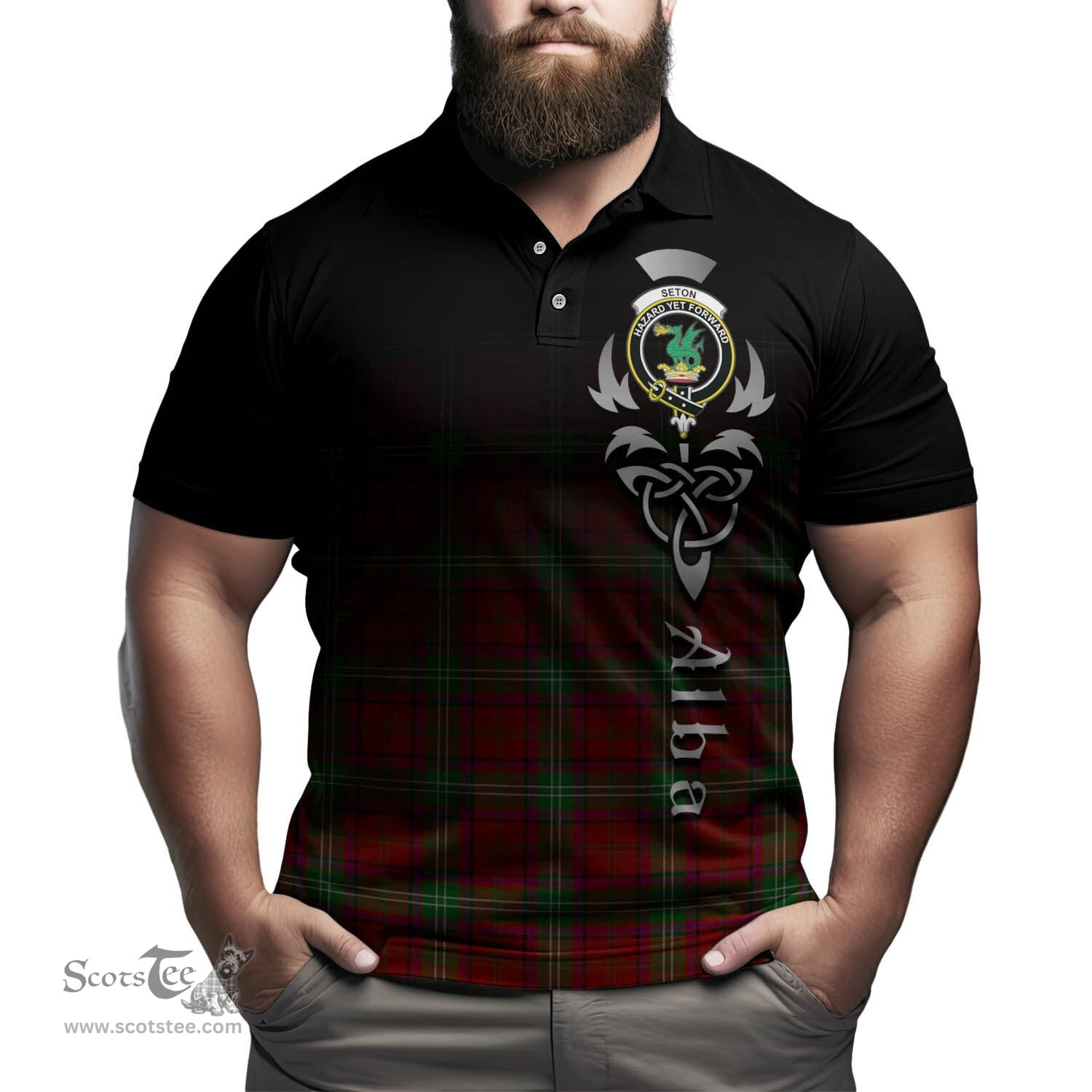 ScotsTee Shop Scottish Seton Clan Crest Tartan Polo Shirt Featuring Alba Gu Brath Scotland Forever and Ever Celtic Cross