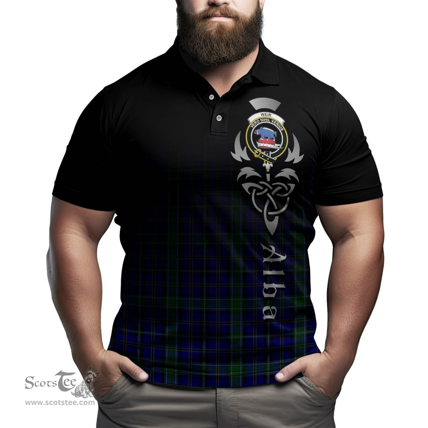 ScotsTee Shop Scottish Weir Clan Crest Tartan Polo Shirt Featuring Alba Gu Brath Scotland Forever and Ever Celtic Cross