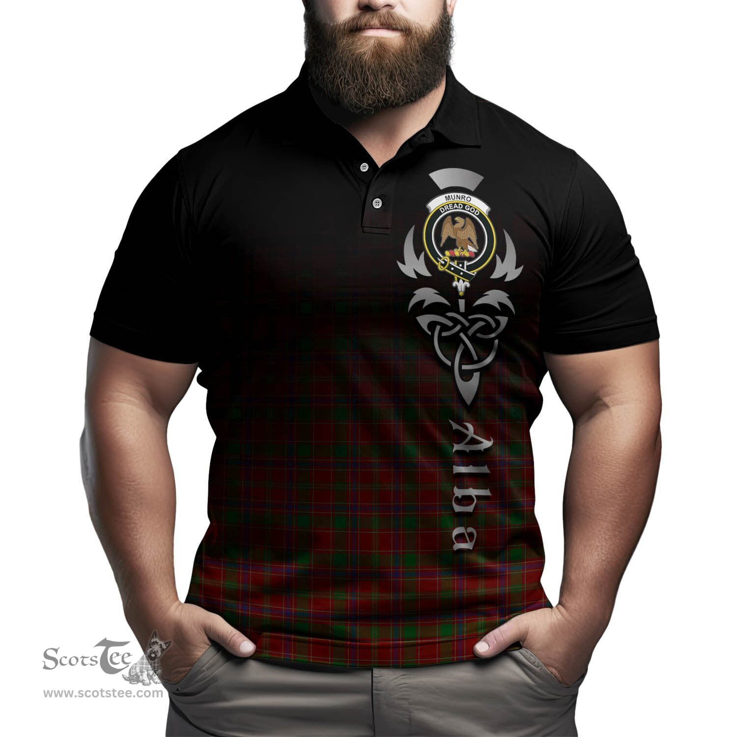 ScotsTee Shop Scottish Munro Clan Crest Tartan Polo Shirt Featuring Alba Gu Brath Scotland Forever and Ever Celtic Cross