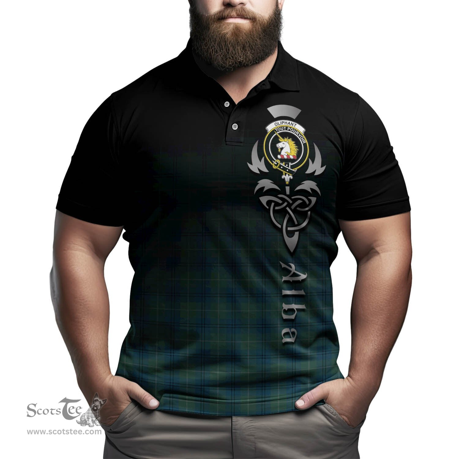 ScotsTee Shop Scottish Oliphant Ancient Clan Crest Tartan Polo Shirt Featuring Alba Gu Brath Scotland Forever and Ever Celtic Cross