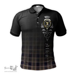 ScotsTee Shop Scottish Stewart Navy Clan Crest Tartan Polo Shirt Featuring Alba Gu Brath Scotland Forever and Ever Celtic Cross