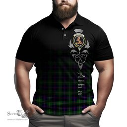 ScotsTee Shop Scottish Sutherland Modern Clan Crest Tartan Polo Shirt Featuring Alba Gu Brath Scotland Forever and Ever Celtic Cross