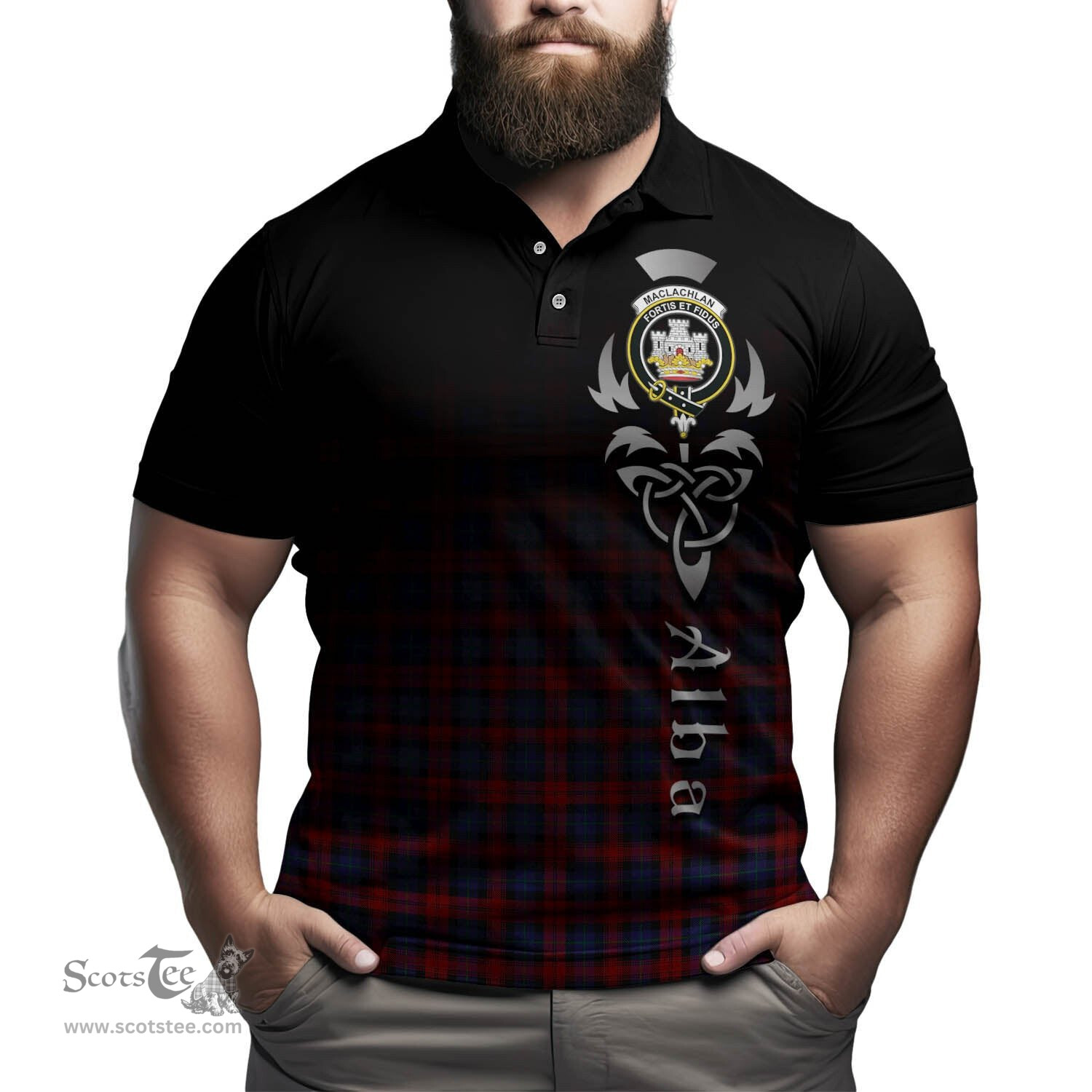 ScotsTee Shop Scottish MacLachlan Clan Crest Tartan Polo Shirt Featuring Alba Gu Brath Scotland Forever and Ever Celtic Cross