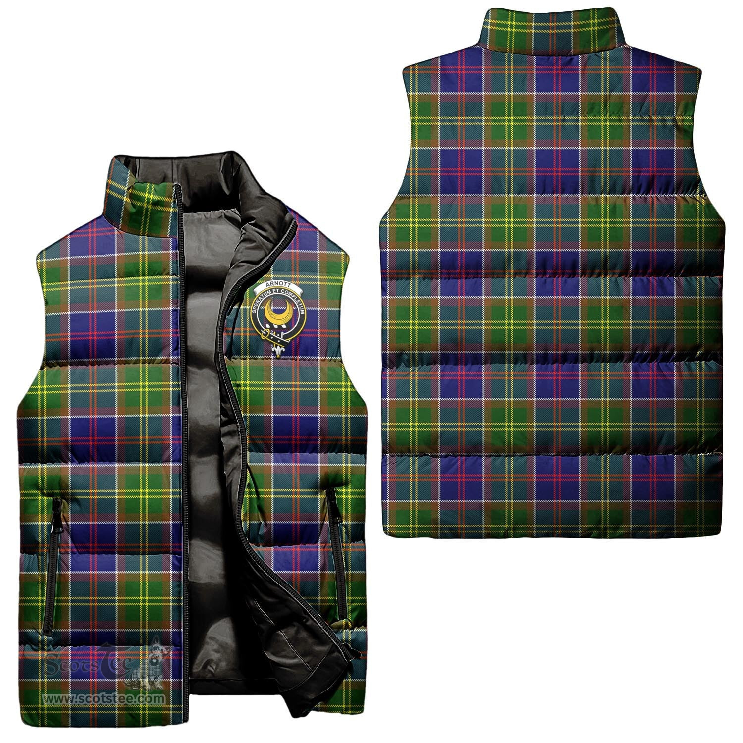 Scottish Arnott Clan Tartan Puffer Vest, Family Crest Plaid Sleeveless Down Jacket Scottish Plaid Tartan Plaid - ScotsTee - scotstee.com