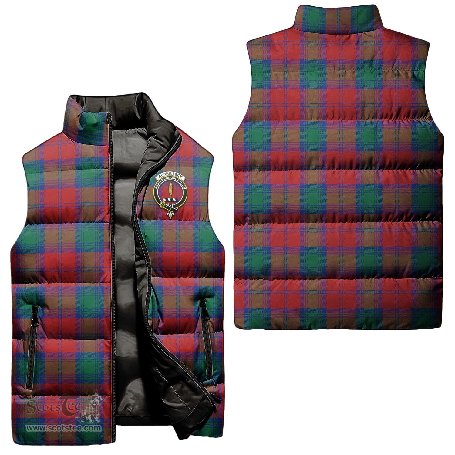 Scottish Auchinleck Clan Tartan Puffer Vest, Family Crest Plaid Sleeveless Down Jacket Scottish Plaid Tartan Plaid - ScotsTee - scotstee.com