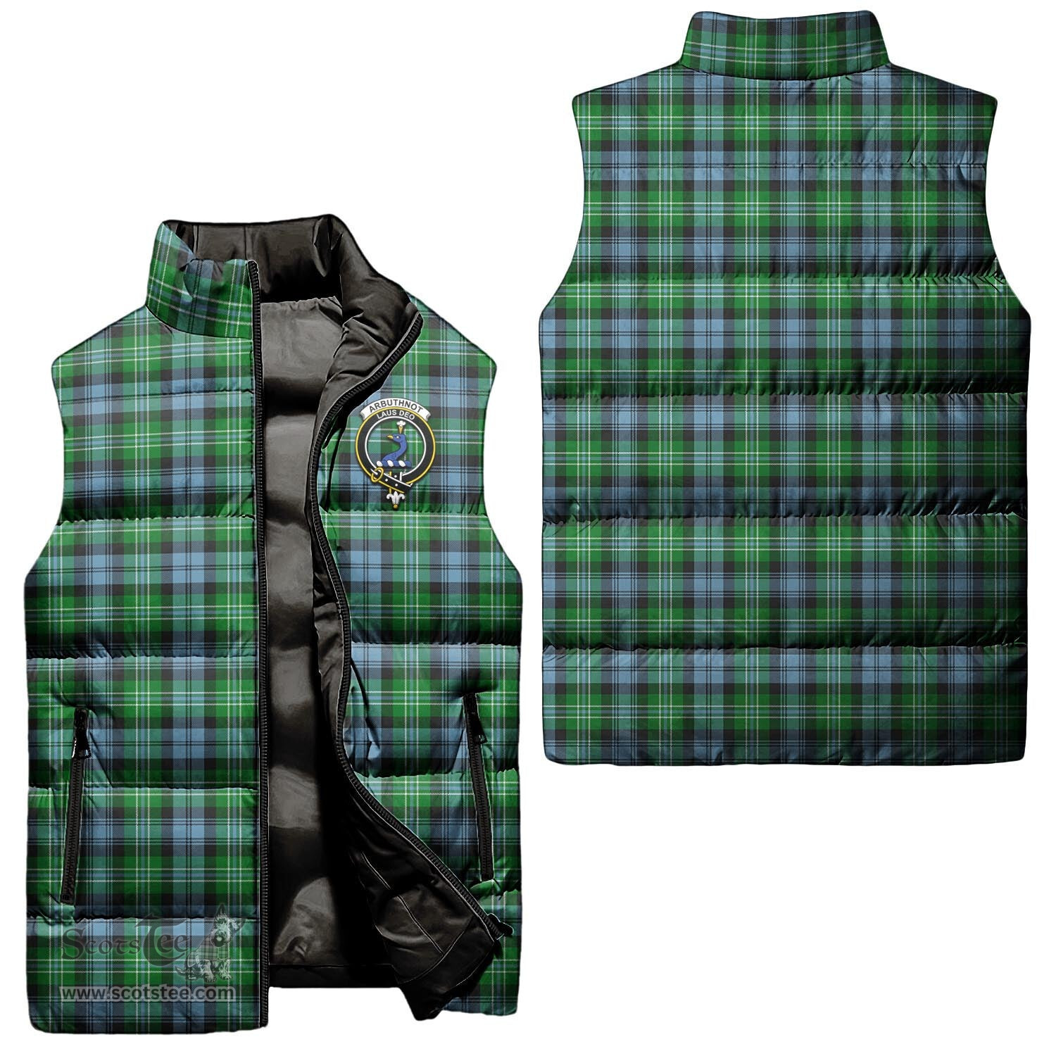 Scottish Arbuthnot Ancient Clan Tartan Puffer Vest, Family Crest Plaid Sleeveless Down Jacket Scottish Plaid Tartan Plaid - ScotsTee - scotstee.com