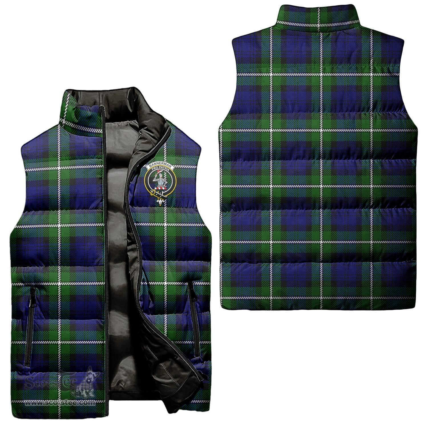 Scottish Bannerman Clan Tartan Puffer Vest, Family Crest Plaid Sleeveless Down Jacket Scottish Plaid Tartan Plaid - ScotsTee - scotstee.com