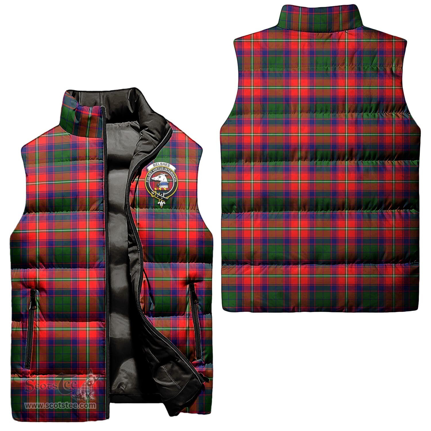 Scottish Belshes Clan Tartan Puffer Vest, Family Crest Plaid Sleeveless Down Jacket Scottish Plaid Tartan Plaid - ScotsTee - scotstee.com